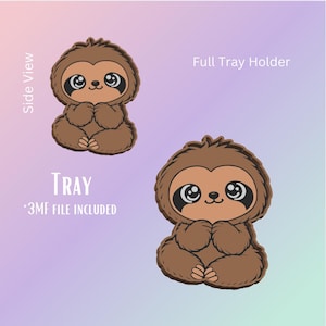 May include: A brown cartoon sloth with large eyes and a smiling expression. The image includes the text "Tray" and "Full Tray Holder". The file includes a 3MF file.