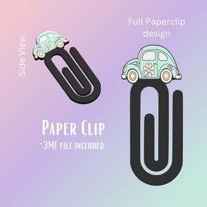 Puede incluir: Un clip de papel negro con un diseño de coche azul claro. El coche tiene una flor blanca y ruedas amarillas. El texto "Paper Clip" está debajo del clip, con "*3MF FILE INCLUDED" debajo.