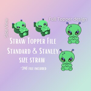 Op de afbeelding: Groen alien stro topper bestandsontwerp. De afbeelding toont de alien vanuit verschillende hoeken, waaronder een zijaanzicht en een volledig topperontwerp. De tekst op de afbeelding luidt "STRAW TOPPER FILE STANDARD & STANLEY SIZE STRAW *3MF FILE INCLUDED."