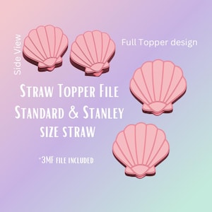 May include: Pink seashell-shaped straw topper designs with a dark pink outline. The image includes the text "STRAW TOPPER FILE STANDARD & STANLEY SIZE STRAW" and "3MF FILE INCLUDED". The words "Side View" and "Full Topper design" are also visible.