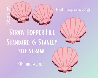 May include: Pink seashell-shaped straw topper designs with a dark pink outline. The image includes the text "STRAW TOPPER FILE STANDARD & STANLEY SIZE STRAW" and "3MF FILE INCLUDED". The words "Side View" and "Full Topper design" are also visible.