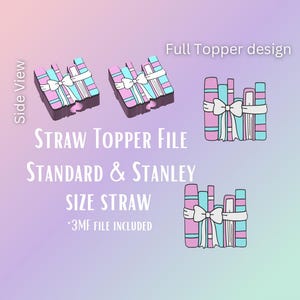 Può includere: Design grafico con un file di topper per cannucce con un design completo. Il design include una pila di libri legati con un fiocco nei toni del rosa, blu e bianco. Il testo sull'immagine recita "STRAW TOPPER FILE STANDARD & STANLEY SIZE STRAW".