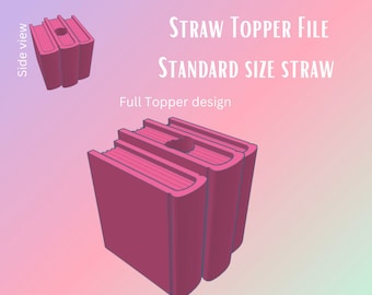 May include: A 3D printed pink book-shaped straw topper. The topper has a hole in the center for a straw. The text "STRAW TOPPER FILE STANDARD SIZE STRAW Full Topper design" is visible in the image.