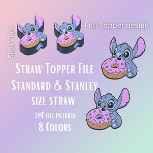 Op de afbeelding: Digitaal ontwerpbestand voor een strohalmtopper met een stripfiguur die een donut vasthoudt. Het ontwerp bevat de tekst "STRAW TOPPER FILE" en "STANDARD & STANLEY SIZE STRAW". Verkrijgbaar in 8 kleuren.