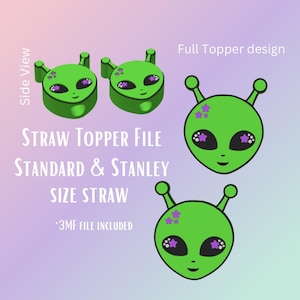 Op de afbeelding: Groene alien strohalm topper met paarse sterren en ogen. De topper is ontworpen voor standaard en Stanley formaat rietjes. De afbeelding toont de topper van de zijkant en de voorkant. *3MF bestand inbegrepen.