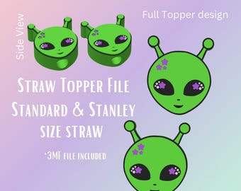 Kawaii Alien Straw Topper Digital File | Fits Standard & Stanley Straws | Pre-Colored 3MF File