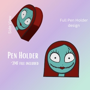 May include: A pen holder with a character design, featuring teal skin, red hair, and stitched facial features. The text "PEN HOLDER" and "*3MF FILE INCLUDED" are visible. A side view of the pen holder is also shown.
