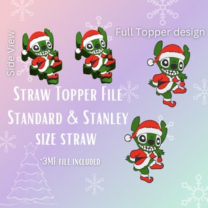 Op de afbeelding: Een digitaal ontwerp voor een strooitopper met een groen stripfiguur met een kerstmuts en pak. Het ontwerp bevat de tekst "STRAW TOPPER FILE" en "STANDARD & STANLEY SIZE STRAW". Het ontwerp is beschikbaar als 3MF-bestand.
