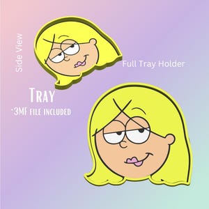 May include: A yellow cartoon face with glasses and a smirk, labeled "Full Tray Holder" and "Tray". The image includes a side view of the face and the text "*3MF FILE INCLUDED". The background is a gradient of purple and light pink.