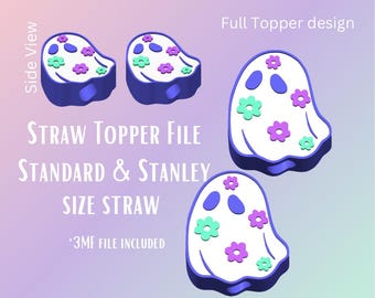 Floral Ghost Straw Topper STL File | 3D Print Cup Accessory | Fits Stanley & Standard Straws