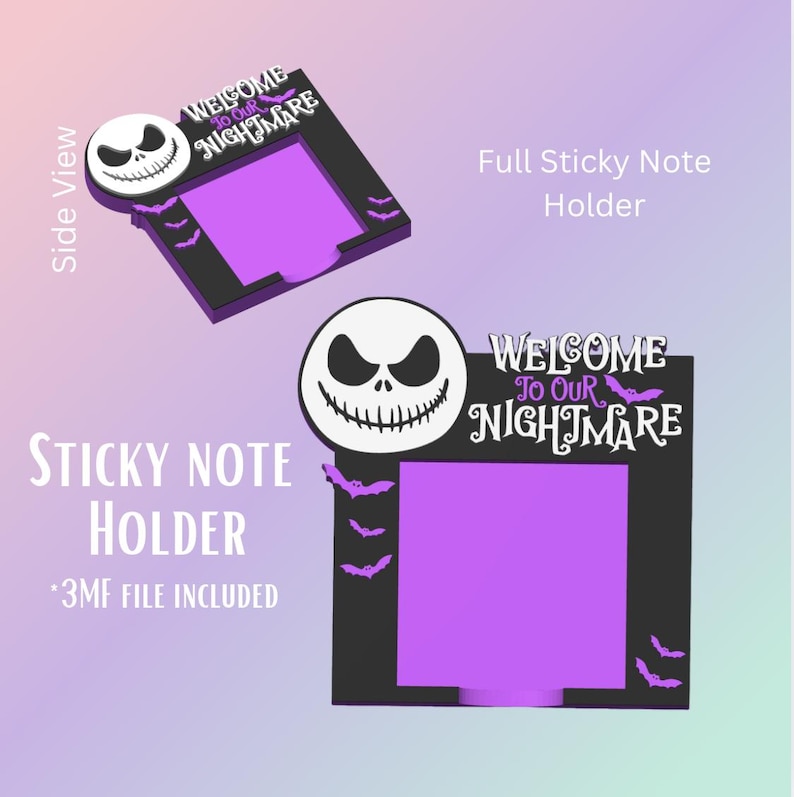 May include: A black sticky note holder with a purple note pad. The holder features a white Jack Skellington face and the text "WELCOME TO OUR NIGHTMARE". Bats are also included in the design.
