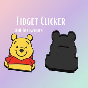 Puede incluir: Un fidget clicker amarillo y rojo con un diseño de oso de dibujos animados, con un clicker negro a la derecha. El texto "FIDGET CLICKER" y "3MF FILE INCLUDED" se muestran en blanco.
