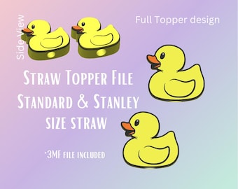 May include: Yellow duck straw topper file design. The image shows a side view of two duck toppers, and two other duck toppers. The text on the image says "STRAW TOPPER FILE STANDARD & STANLEY SIZE STRAW".