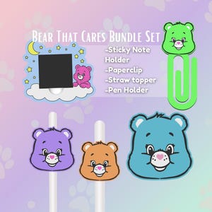 May include: A bundle set featuring Care Bear-themed accessories. Includes a sticky note holder, paperclip, straw topper, and pen holder, all with bear designs. The set is in shades of blue, green, purple, and orange, with the text "Bear That Cares Bundle Set".
