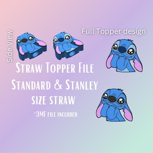 Op de afbeelding: Blauwe cartoonfiguur strohalm topper ontwerpen met roze oren en een zwarte neus. De tekst luidt "STRAW TOPPER FILE", "STANDARD & STANLEY SIZE STRAW" en "Full Topper design". Het bestand bevat een 3MF-bestand.