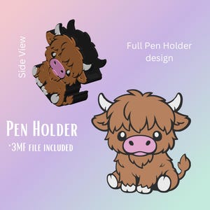 Könnte beinhalten: Ein Stifthalter mit einem Cartoon-Design einer Highland-Kuh. Der Stifthalter ist braun mit einer rosa Nase, weißen Hörnern und schwarzen Akzenten. Das Bild enthält eine Seitenansicht und eine vollständige Designansicht. Der Text auf dem Bild lautet "Pen Holder" und "3MF file included".