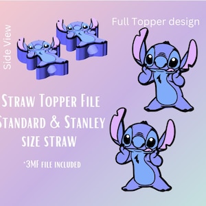 Op de afbeelding: Een 3D-geprinte strohalmtopper met een blauw Stitch-personage uit Lilo & Stitch. De topper is ontworpen om te passen op strohalmen van standaard en Stanley-formaat. De afbeelding toont de topper van de zijkant en het volledige ontwerp. De tekst "STRAW TOPPER FILE STANDARD & STANLEY SIZE STRAW *3MF FILE INCLUDED" is opgenomen in de afbeelding.