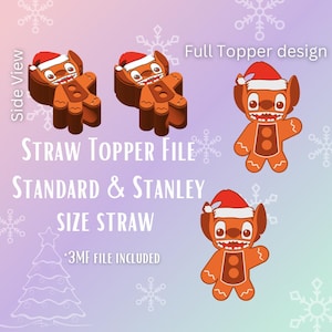 Op de afbeelding: Gingerbread-stijl strooitopperbestand met een stripfiguur met een kerstmuts. Het ontwerp bevat een zijaanzicht en een volledig topperontwerp. De tekst op de afbeelding luidt "STRAW TOPPER FILE" en "STANDARD & STANLEY SIZE STRAW".