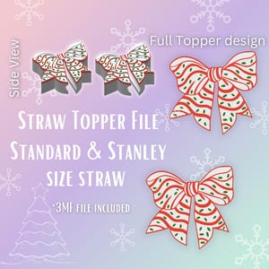 May include: A digital design for a straw topper file, featuring a bow design with red and white stripes and green dots. The text reads "STRAW TOPPER FILE", "STANDARD & STANLEY SIZE STRAW", and "3MF FILE INCLUDED".
