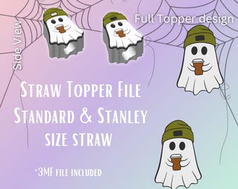 May include: A digital design for a ghost-shaped straw topper. The ghost is depicted wearing a green beanie and holding a coffee cup. The text reads "STRAW TOPPER FILE" and "STANDARD & STANLEY SIZE STRAW". The design includes a spiderweb background.