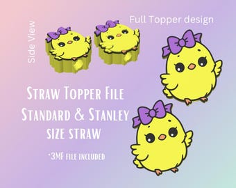 May include: A 3D printed straw topper featuring a yellow chick with purple bow. The chick has large eyes and a small beak. The topper is designed for standard and Stanley size straws. The text "STRAW TOPPER FILE STANDARD & STANLEY SIZE STRAW" and "3MF FILE INCLUDED" are also included in the image.