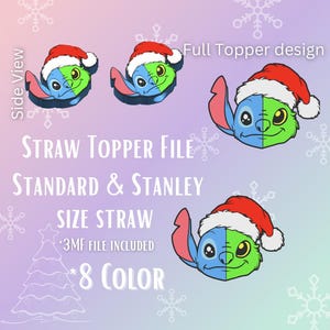 Op de afbeelding: Een digitaal ontwerp met een stripfiguur met een kerstmuts. Het personage is blauw en groen met grote ogen en een rood-witte hoed. Tekst bevat "Straw Topper File" en "8 COLOR".