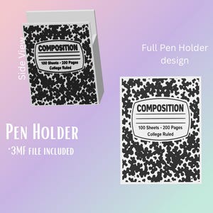 Op de afbeelding: Een pennenhouder met een ontwerp van een compositie notitieboek. De pennenhouder is wit met een zwart-wit gespikkeld patroon. De tekst "COMPOSITION" staat op de voorkant, samen met "100 Sheets • 200 Pages College Ruled".