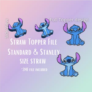 May include: Blue cartoon character straw topper designs with purple ears and accents. Text includes "STRAW TOPPER FILE", "STANDARD & STANLEY SIZE STRAW", and "*3MF FILE INCLUDED". The words "Side View" and "Full Topper design" are also visible.