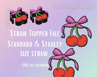 Cherry with Ribbon Bow Topper Digital File | Fits Standard & Stanley Straws | Pre-Colored 3MF