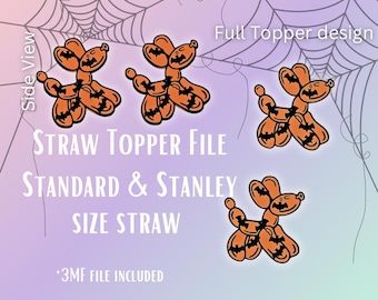 Op de afbeelding: Oranje en zwart Halloween-thema stro topper bestand met een ballonhond ontwerp. De tekst bevat "STRAW TOPPER FILE", "STANDARD & STANLEY SIZE STRAW" en "*3MF FILE INCLUDED". De achtergrond heeft een spinnenweb ontwerp.