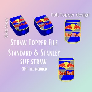 以下が含まれることがあります： ストローのトッパーファイル用のデジタルデザイン。Red Bullのロゴが入った青とシルバーの缶のデザインです。画像には「STRAW TOPPER FILE」と「STANDARD & STANLEY SIZE STRAW」の文字が含まれています。