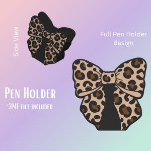 Könnte beinhalten: Ein Stifthalter mit Schleifendesign, mit einem Leopardenmuster in Beige und Braun auf schwarzem Grund. Das Bild enthält eine Seitenansicht und eine vollständige Designansicht. Der Text auf dem Bild lautet "PEN HOLDER" und "*3MF FILE INCLUDED."