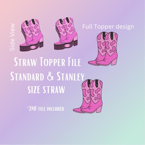 以下が含まれることがあります： ストロー用トッパーのデザインが施されたピンクのカウボーイブーツのデジタルファイル。画像には、側面図やフルデザインなど、ブーツのさまざまなビューが表示されています。画像には「STRAW TOPPER FILE」と「STANDARD & STANLEY SIZE STRAW」と書かれています。
