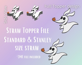 Op de afbeelding: Een digitaal bestand met een wit, cartoonachtig spookachtig karakter met een pompoenneus, ontworpen als een stro-topper. De tekst luidt "Straw Topper File" en "Standard & Stanley Size Straw". Bevat een "3MF-bestand".