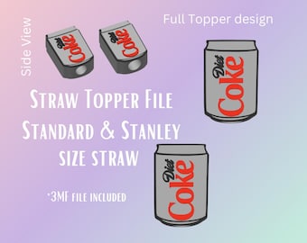 Può includere: Immagine che presenta un design di file per tappo di cannuccia. Il design include due tappi con vista laterale e due design di lattine Diet Coke. Il testo sull'immagine recita: "FILE TOPPER CANNUCCIA STANDARD E STANLEY DIMENSIONE CANNUCCIA *FILE 3MF INCLUSO."