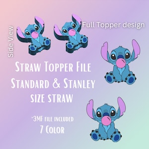 Op de afbeelding: Een digitaal ontwerp met het personage Stitch uit Lilo & Stitch. Het ontwerp toont meerdere weergaven van het personage, met tekst die aangeeft dat het een strooitopperbestand is, compatibel met standaard en Stanley-strooien, en bevat 7 kleuren.