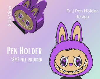 May include: A purple pen holder with a cartoon character design. The character has a light brown face, large eyes with star-shaped pupils, and a wide grin with sharp teeth. The text "PEN HOLDER" and "*3MF FILE INCLUDED" are also visible.