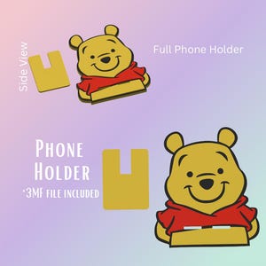 May include: A yellow phone holder featuring a cartoon bear with a red shirt. The design includes a side view and a full view of the phone holder. Text on the image reads "Phone Holder" and "Full Phone Holder".