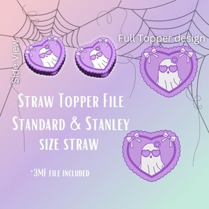 May include: A digital file featuring heart-shaped straw toppers with a ghost design. The toppers are purple with a scalloped edge and bows. The text reads "STRAW TOPPER FILE" and "STANDARD & STANLEY SIZE STRAW".