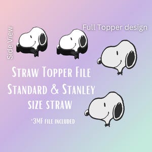 Op de afbeelding: Een digitaal bestand met een cartoonhondontwerp voor strotoppers. Het ontwerp toont een zijaanzicht en een volledig topperontwerp. De tekst op de afbeelding luidt "STRAW TOPPER FILE STANDARD & STANLEY SIZE STRAW *3MF FILE INCLUDED". De achtergrond is een verloop van paars en lichtblauw.