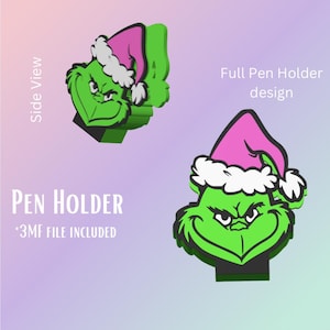 May include: A green pen holder featuring a cartoon character with a pink hat and white trim. The design includes the text "PEN HOLDER" and "*3MF FILE INCLUDED". The image also shows a side view of the pen holder.