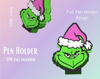 May include: A green pen holder featuring a cartoon character with a pink hat and white trim. The design includes the text "PEN HOLDER" and "*3MF FILE INCLUDED". The image also shows a side view of the pen holder.