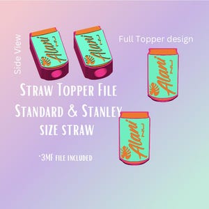 Può includere: Design digitale per topper per cannucce. L'immagine mostra diversi design di topper per cannucce a forma di lattina e rettangolare. I topper sono turchese, arancione e rosa con la scritta "Alani" e un design a foglia tropicale.