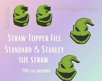Op de afbeelding: Groene strooitopperontwerpen met een lachend gezicht, zijaanzicht en volledig topperontwerp. De tekst luidt "STRAW TOPPER FILE STANDARD & STANLEY SIZE STRAW *3MF FILE INCLUDED" en "Full Topper design".