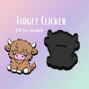 Può includere: Un fidget clicker a forma di mucca delle Highlands marrone e bianca con naso rosa e corna bianche. L'immagine mostra anche un contorno nero del fidget clicker. Il testo sull'immagine recita "FIDGET CLICKER" e "3MF FILE INCLUDED".