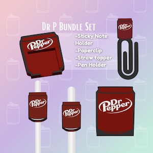May include: A bundle set featuring Dr. Pepper-themed accessories. Includes a sticky note holder, paperclip, straw topper, and pen holder. The items are in shades of red and white, with the Dr. Pepper logo prominently displayed. The background is a gradient of purple and pink.