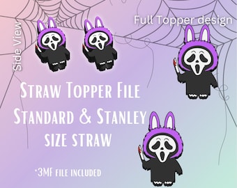 May include: Digital design for straw toppers. The design features a spooky character in a purple bunny costume, holding a knife. Text on the image reads "STRAW TOPPER FILE" and "STANDARD & STANLEY SIZE STRAW". The background is a purple and blue gradient with a spiderweb.