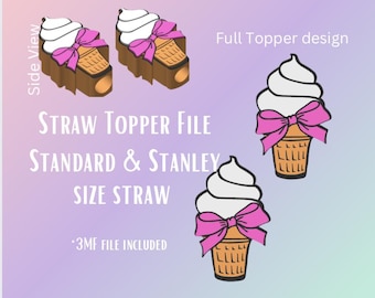 May include: A digital file for 3D printing a straw topper in the shape of an ice cream cone with a pink bow. The file is compatible with standard and Stanley size straws.  The image shows a side view and a full view of the topper.