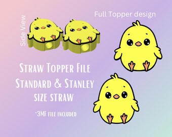 May include: A 3D printable file for a straw topper featuring a cute cartoon chick with large eyes. The file is compatible with standard and Stanley size straws. The image shows the topper from the side and the front. *3MF file included.
