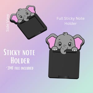 May include: A gray sticky note holder with a cartoon elephant design. The elephant has pink ears and is peeking over the top of the black holder. The text "Sticky Note Holder" and "Full Sticky Note Holder" are displayed.